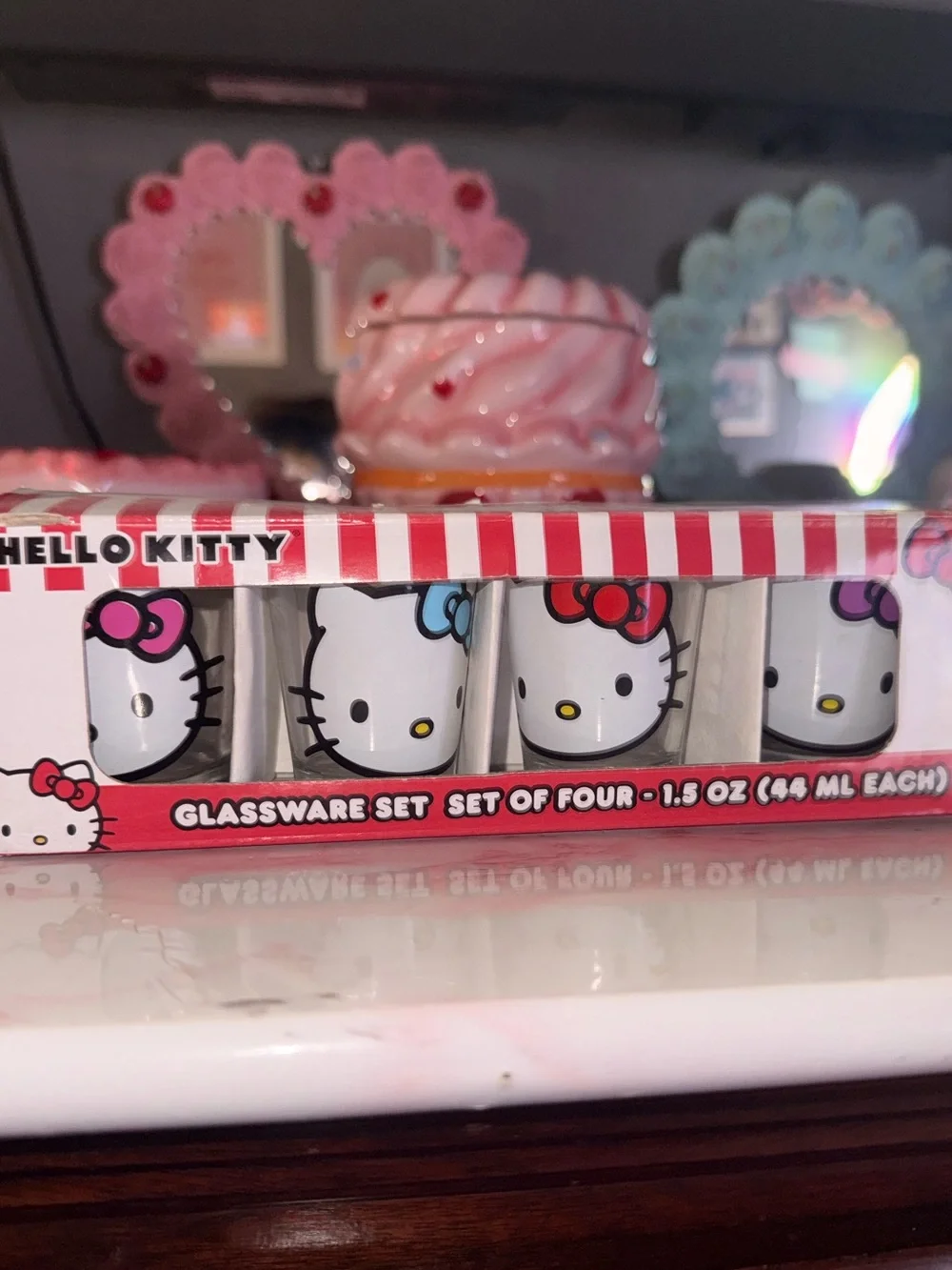 Hello Kitty Shot Glass Set of 4 - Cute White Face Design with Multi Colored Bows
